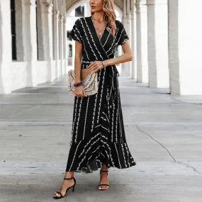 Geo Stripe Ruffled Maxi Wrap Dress