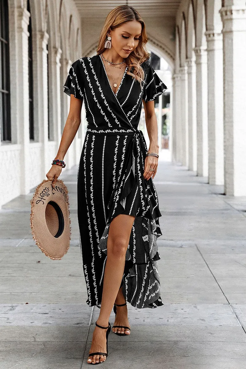 Geo Stripe Ruffled Maxi Wrap Dress