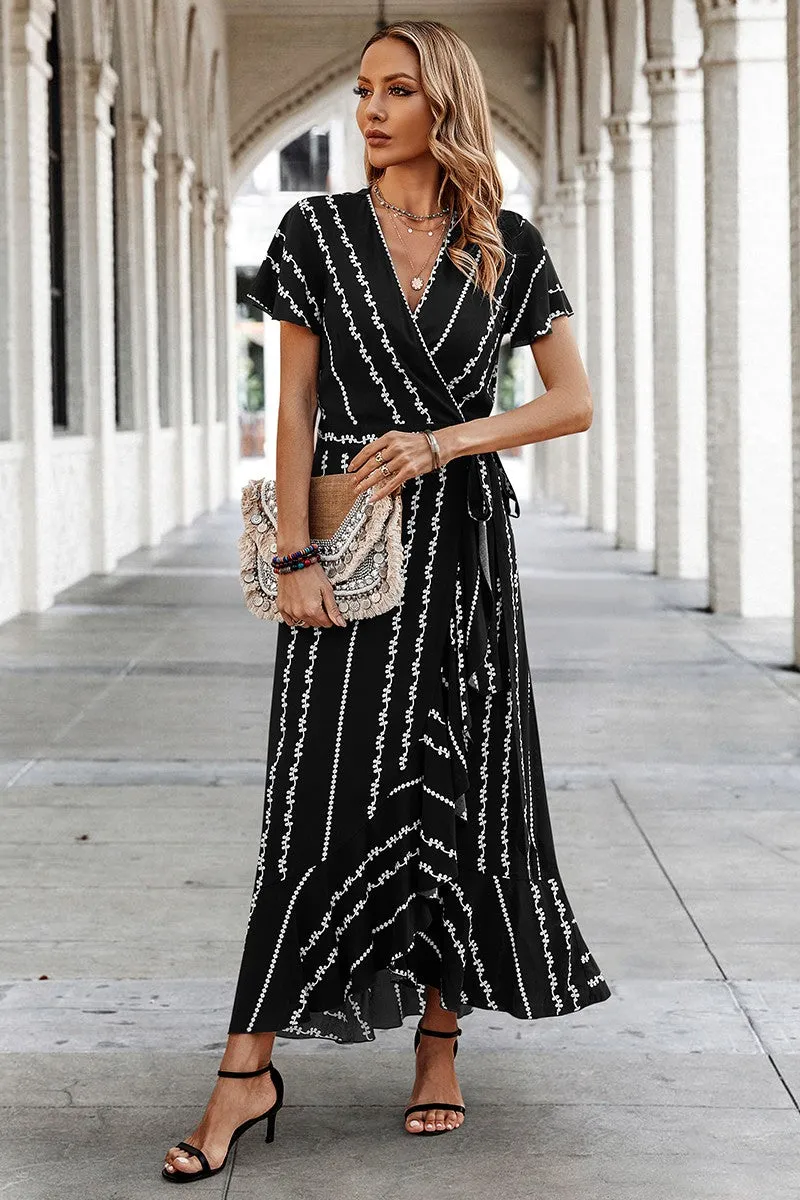 Geo Stripe Ruffled Maxi Wrap Dress