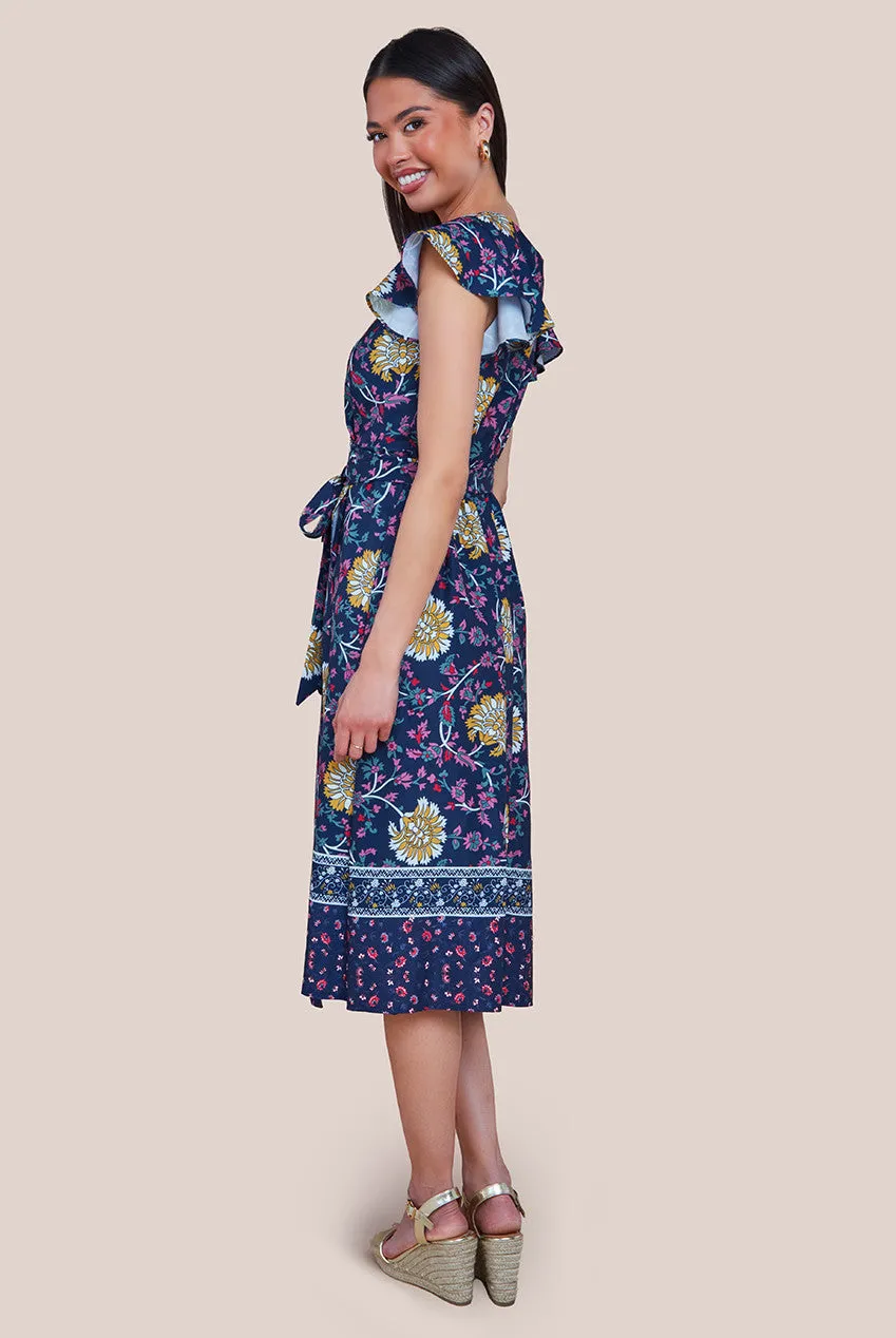 Goddiva Floral Print Wrap Midi With Flutter Sleeves - Navy Print