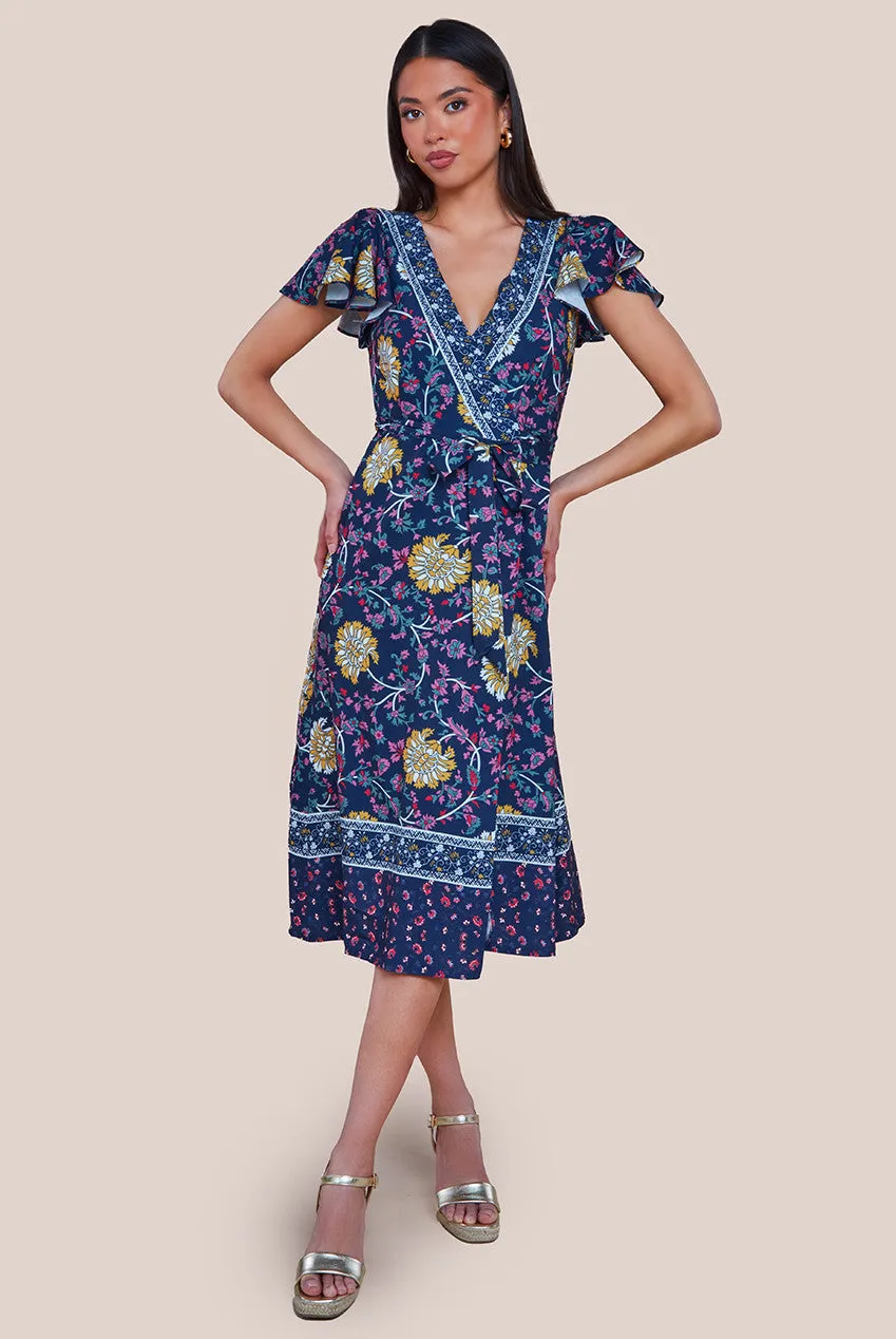 Goddiva Floral Print Wrap Midi With Flutter Sleeves - Navy Print