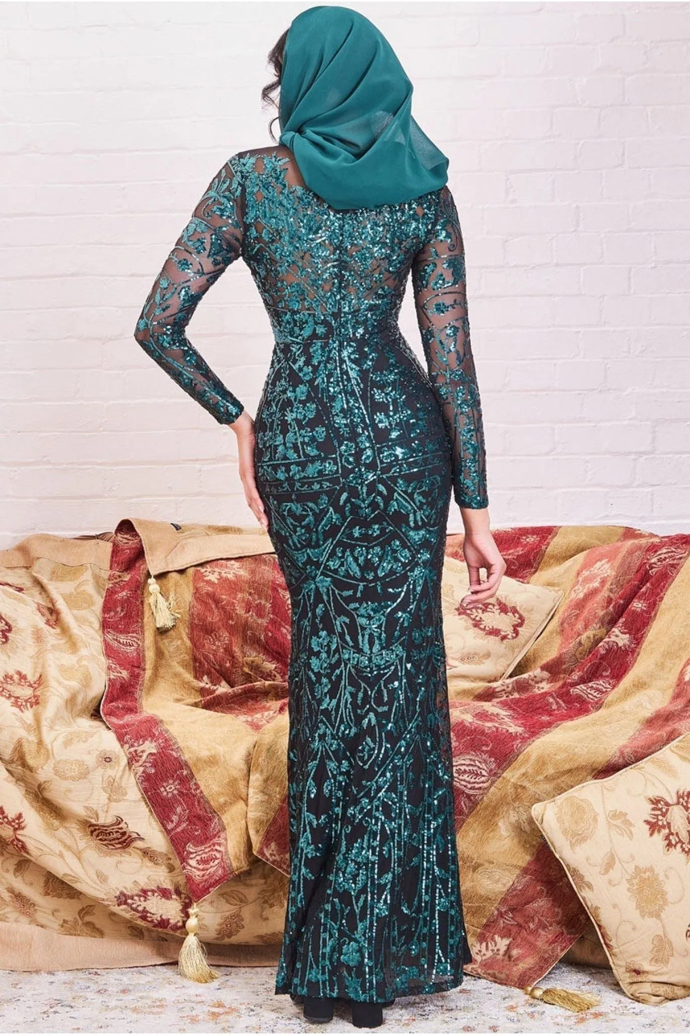 Goddiva Modesty Sequin Embroidered Maxi Dress - Emerald