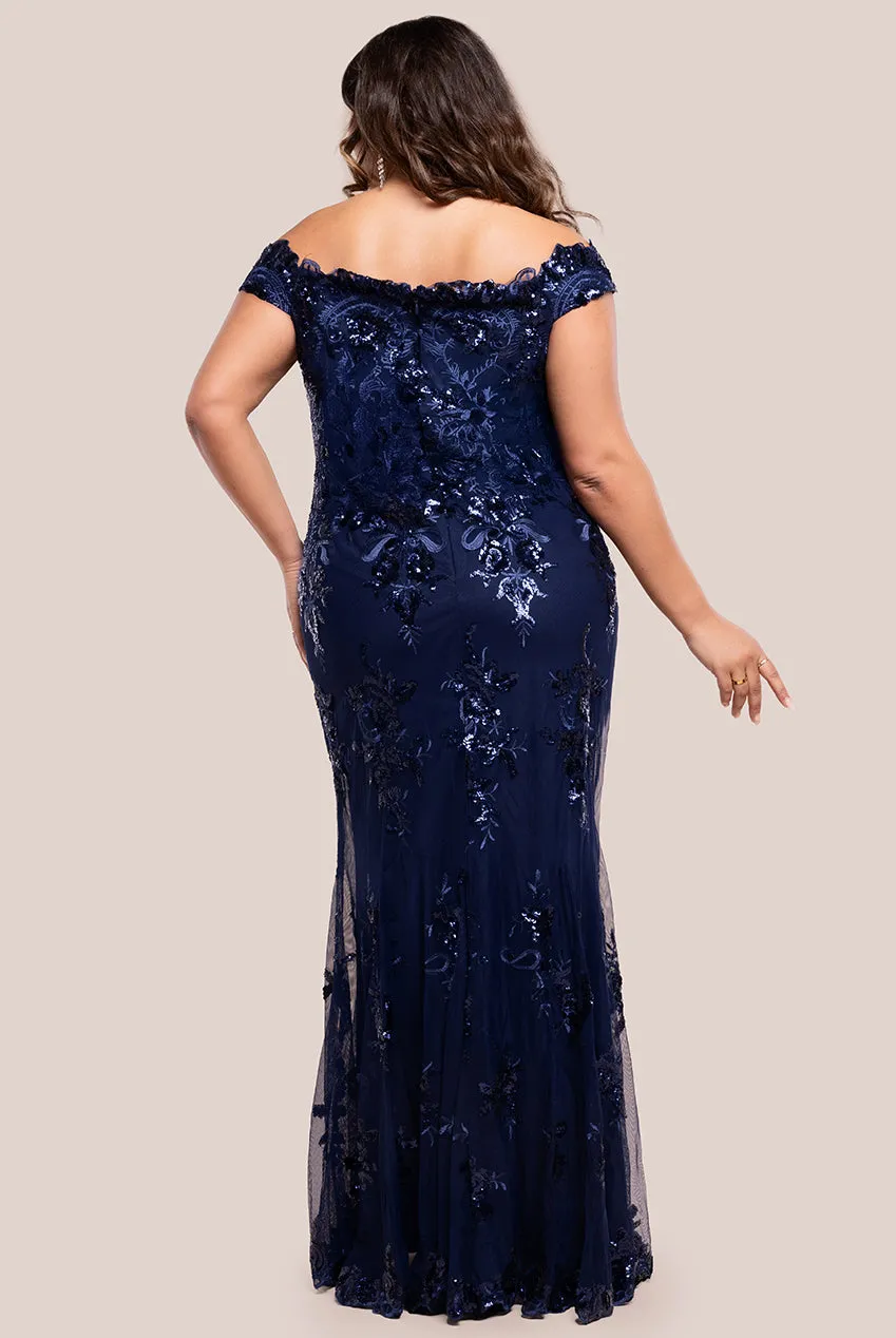 Goddiva Plus Bardot Sequin Embroidered Maxi Dress - Navy