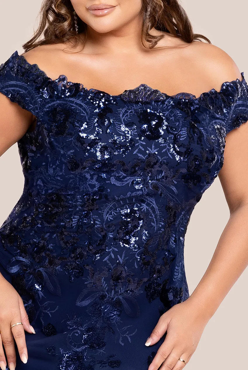 Goddiva Plus Bardot Sequin Embroidered Maxi Dress - Navy