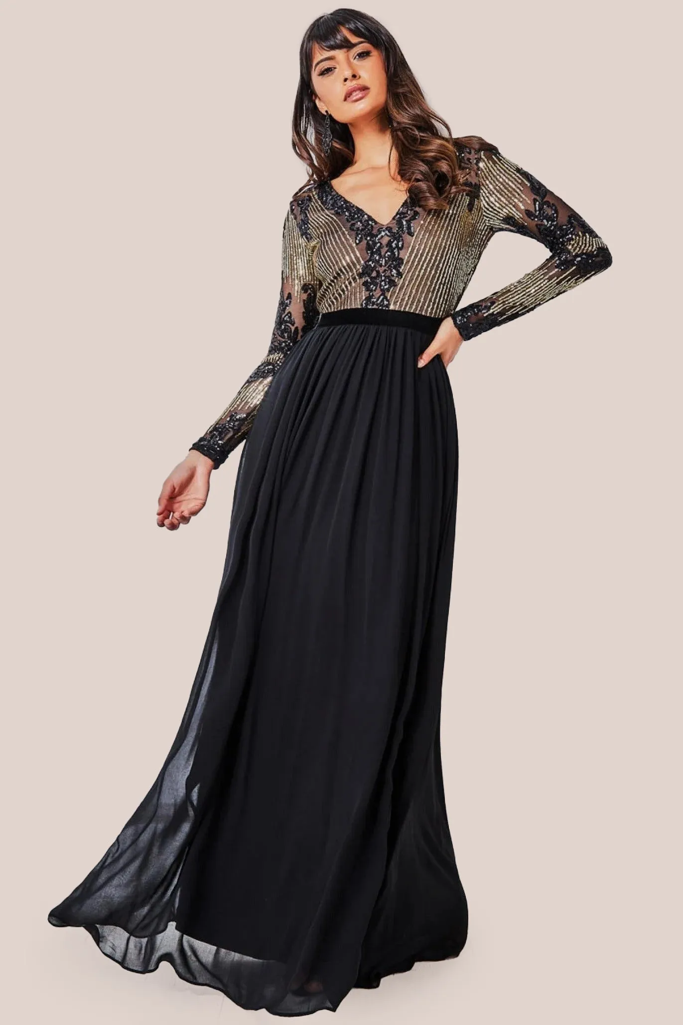 Goddiva Sequin Mesh Bodice Maxi Dress - Black