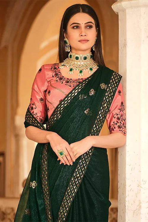 Green Chinon Thread With Sequins Work Saree