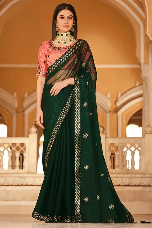 Green Chinon Thread With Sequins Work Saree