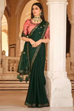 Green Chinon Thread With Sequins Work Saree