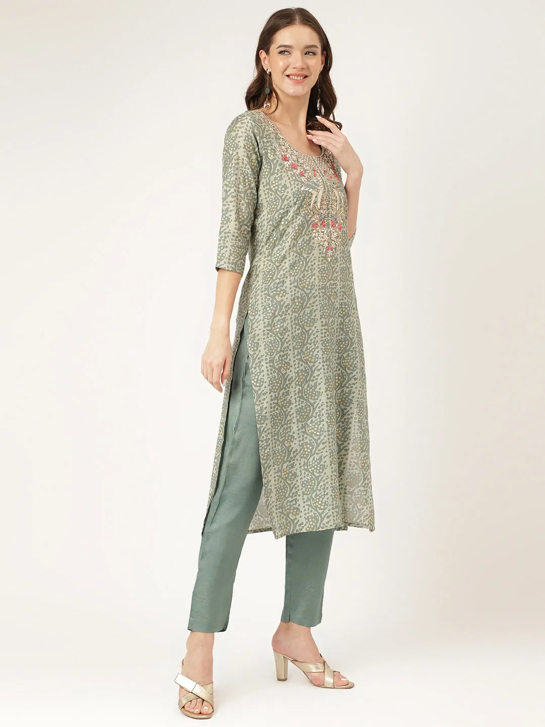 Green Floral  Print Chanderi  Kurta, Trouser With Dupatta