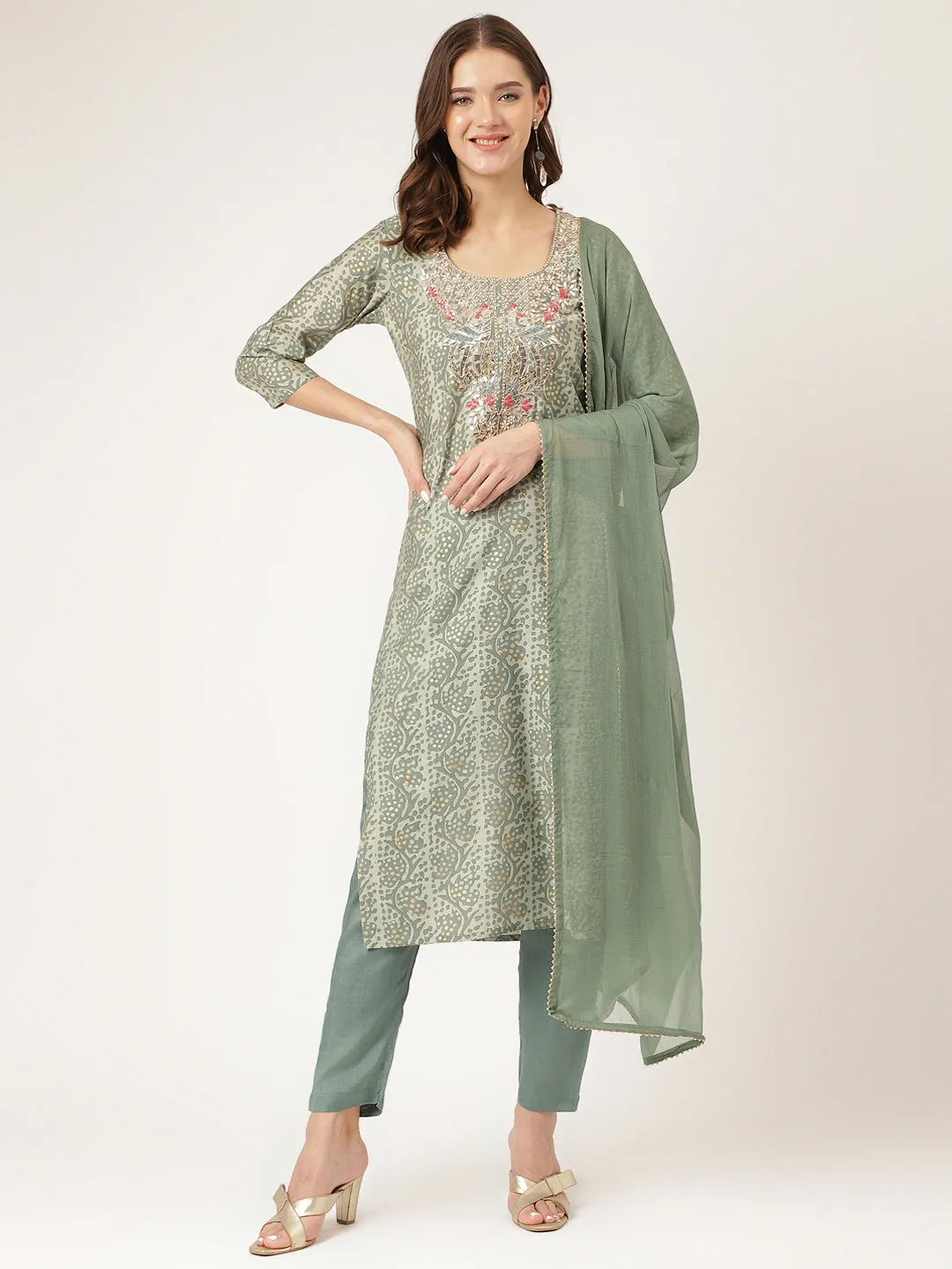 Green Floral  Print Chanderi  Kurta, Trouser With Dupatta