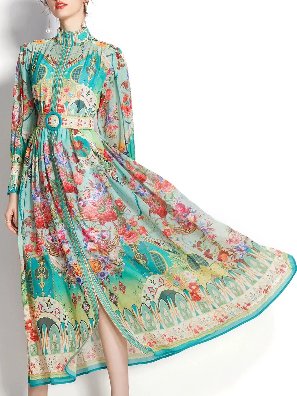 Green High Neck Floral Print Trumpet Sleeve Bohemian Dress Maxi Dress With Belt