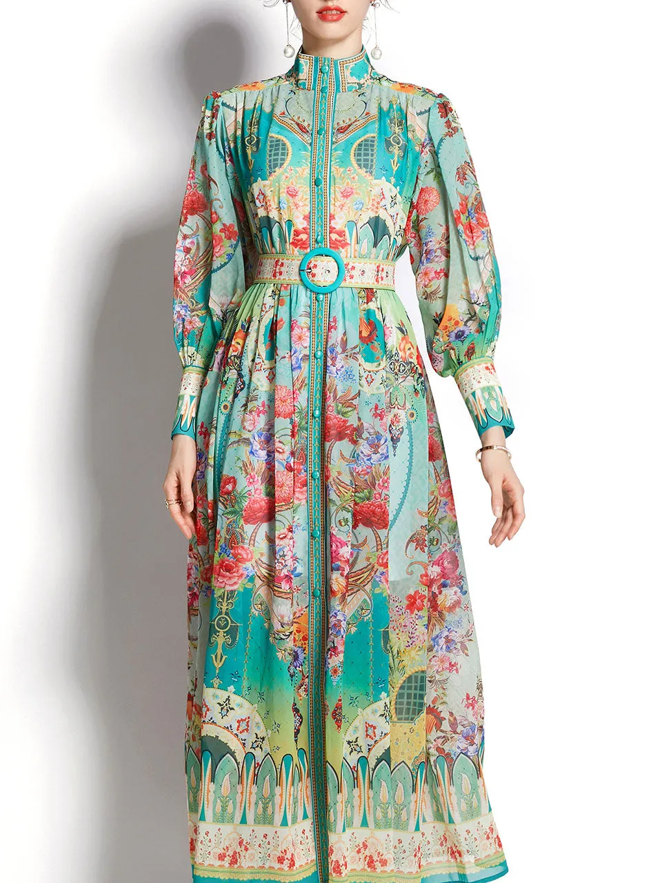 Green High Neck Floral Print Trumpet Sleeve Bohemian Dress Maxi Dress With Belt