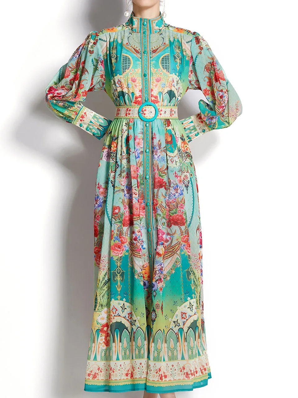 Green High Neck Floral Print Trumpet Sleeve Bohemian Dress Maxi Dress With Belt