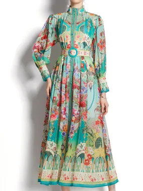 Green High Neck Floral Print Trumpet Sleeve Bohemian Dress Maxi Dress With Belt