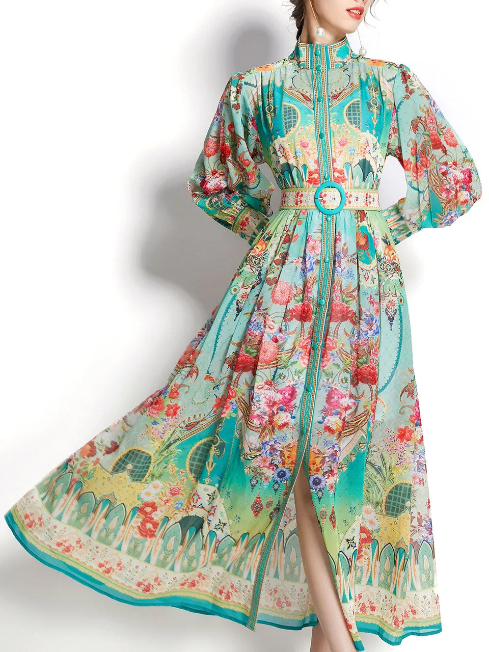 Green High Neck Floral Print Trumpet Sleeve Bohemian Dress Maxi Dress With Belt