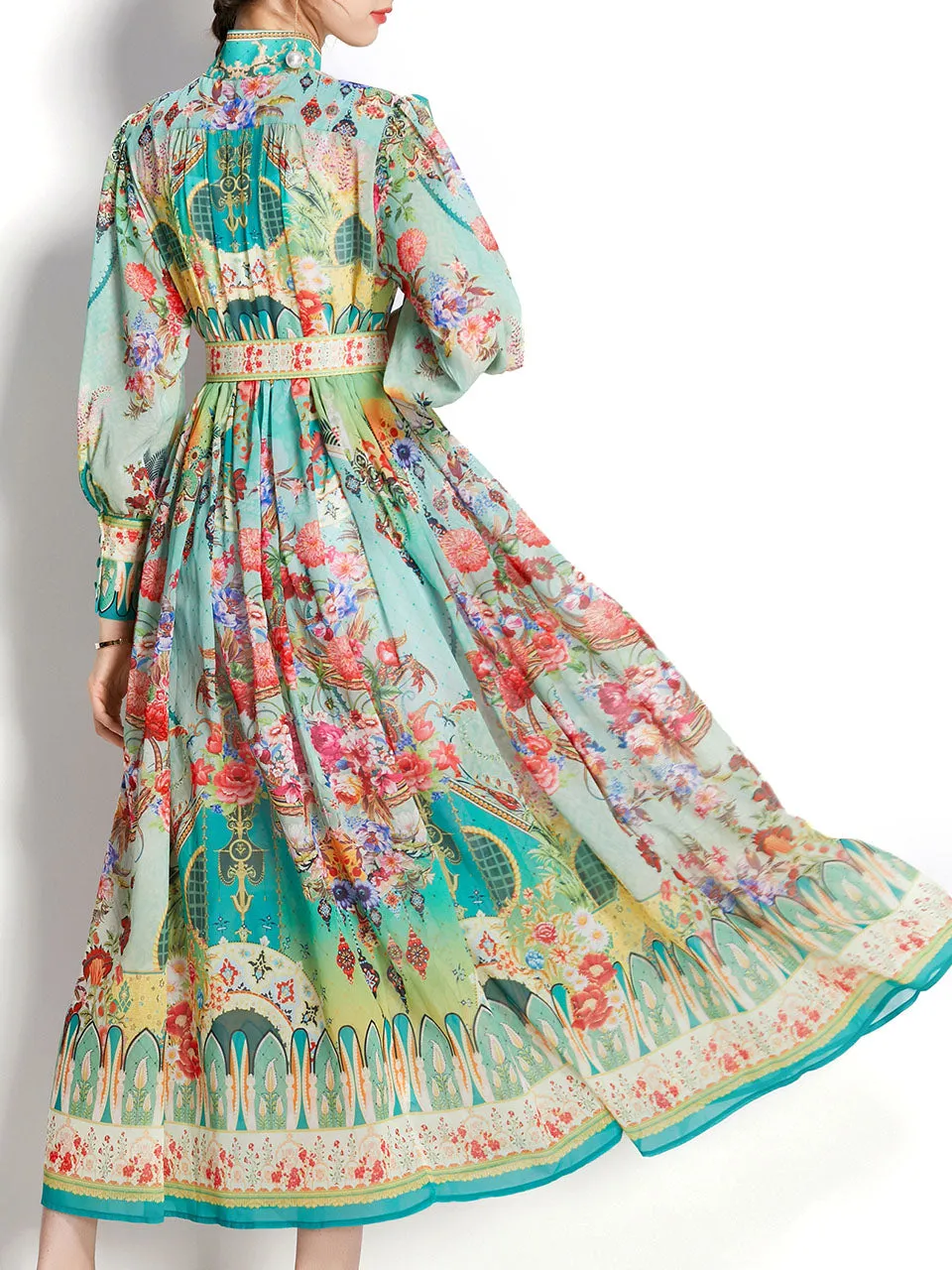 Green High Neck Floral Print Trumpet Sleeve Bohemian Dress Maxi Dress With Belt