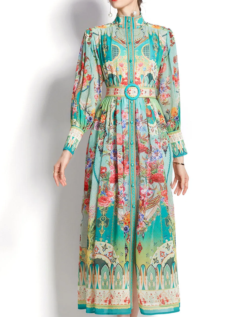 Green High Neck Floral Print Trumpet Sleeve Bohemian Dress Maxi Dress With Belt