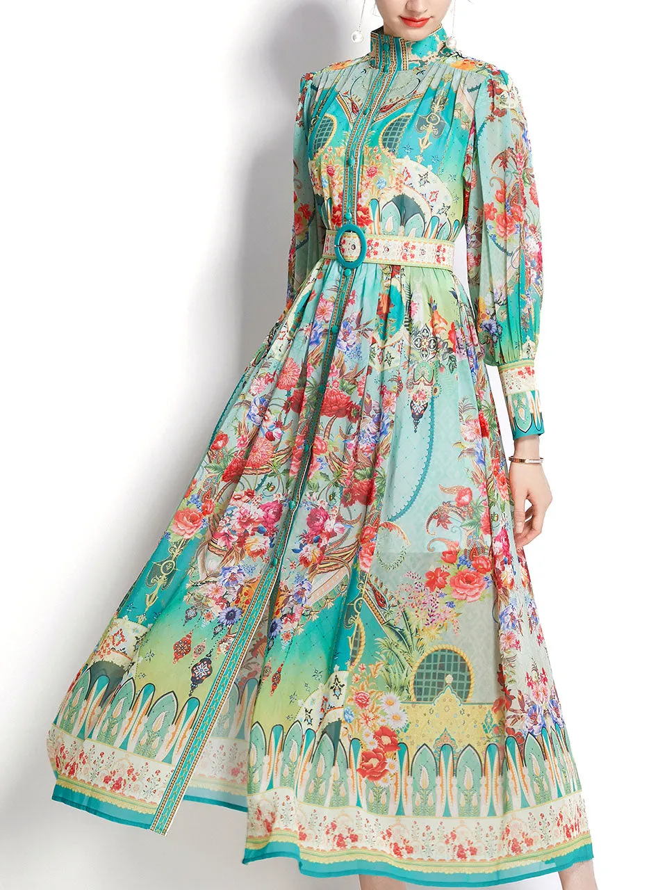 Green High Neck Floral Print Trumpet Sleeve Bohemian Dress Maxi Dress With Belt