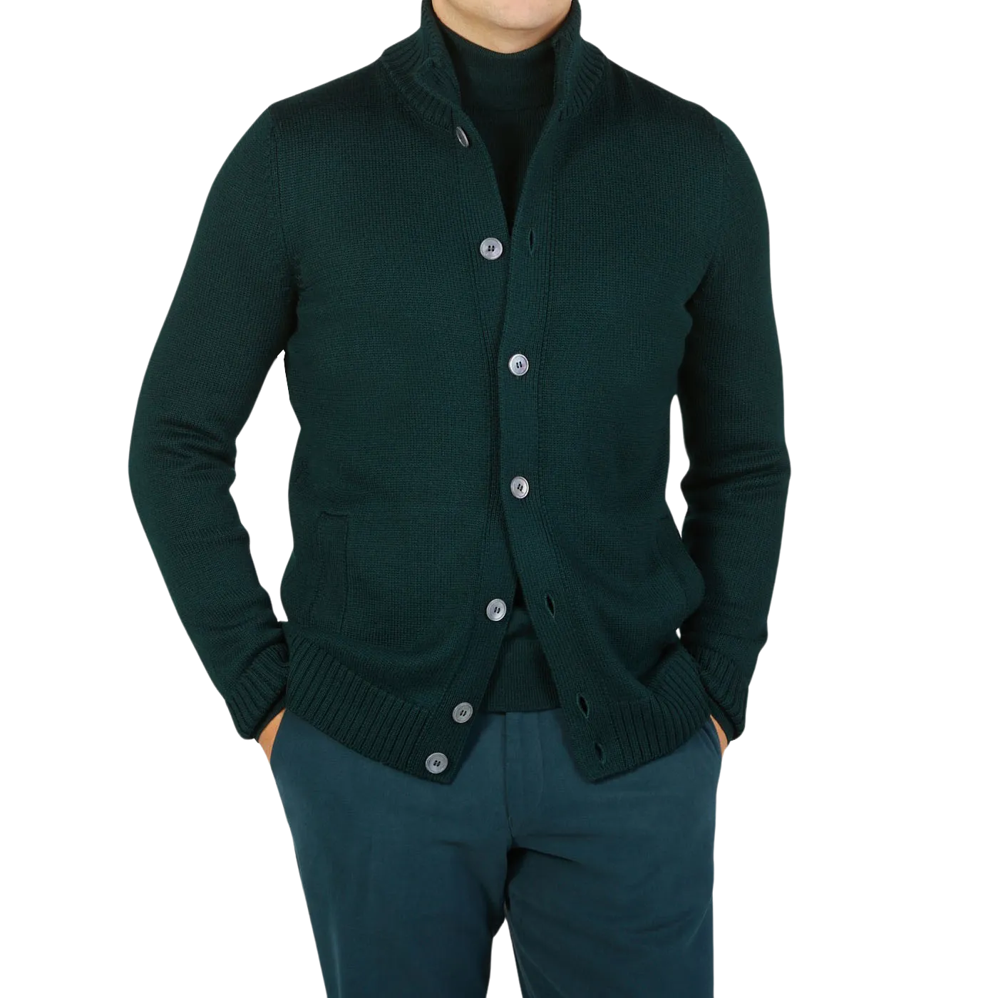 Green Merino Wool Button Cardigan