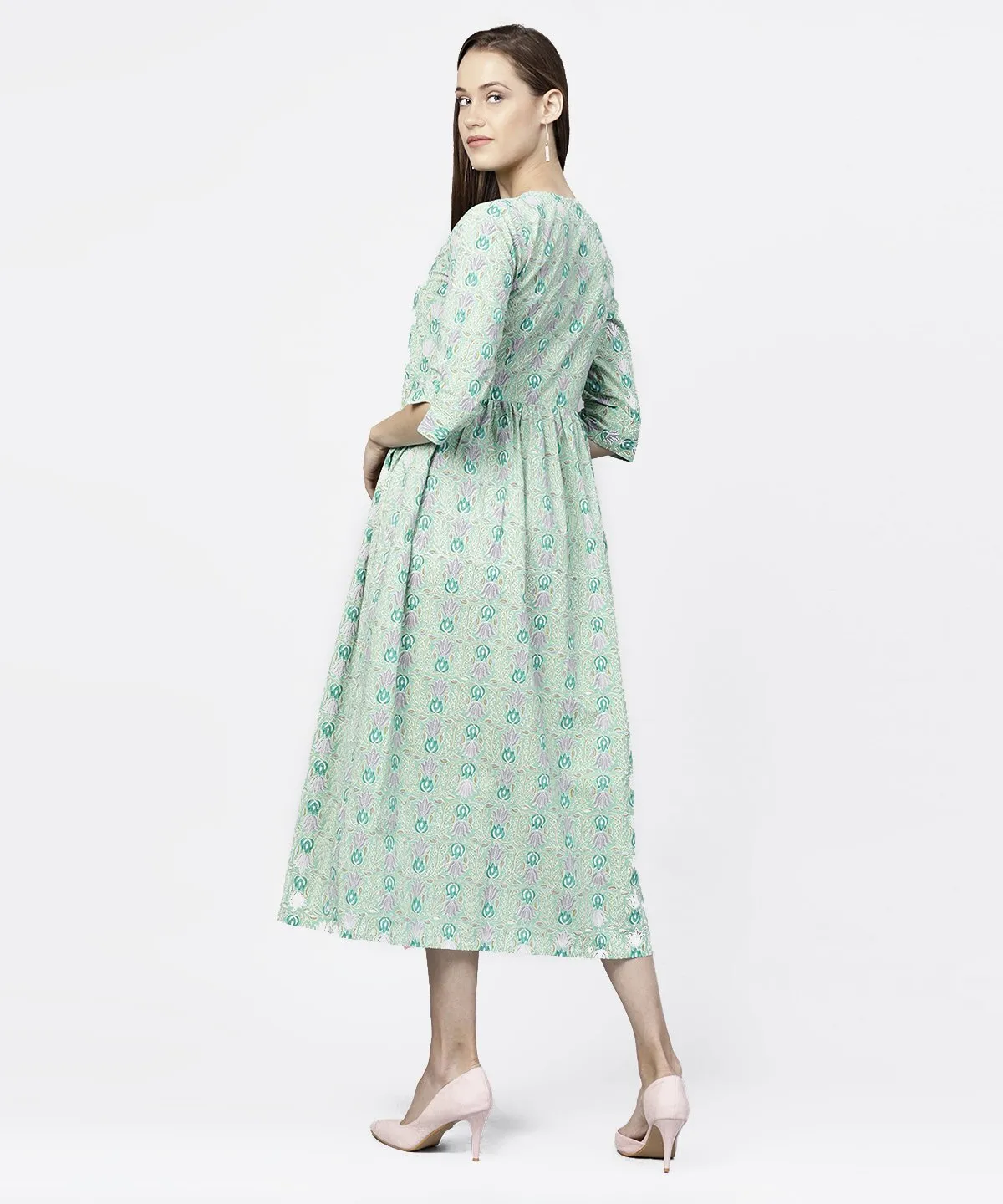 Green Printed Half Sleeve A-Line Maxi Dress