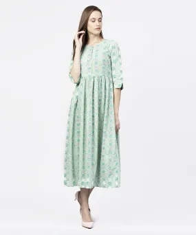 Green Printed Half Sleeve A-Line Maxi Dress