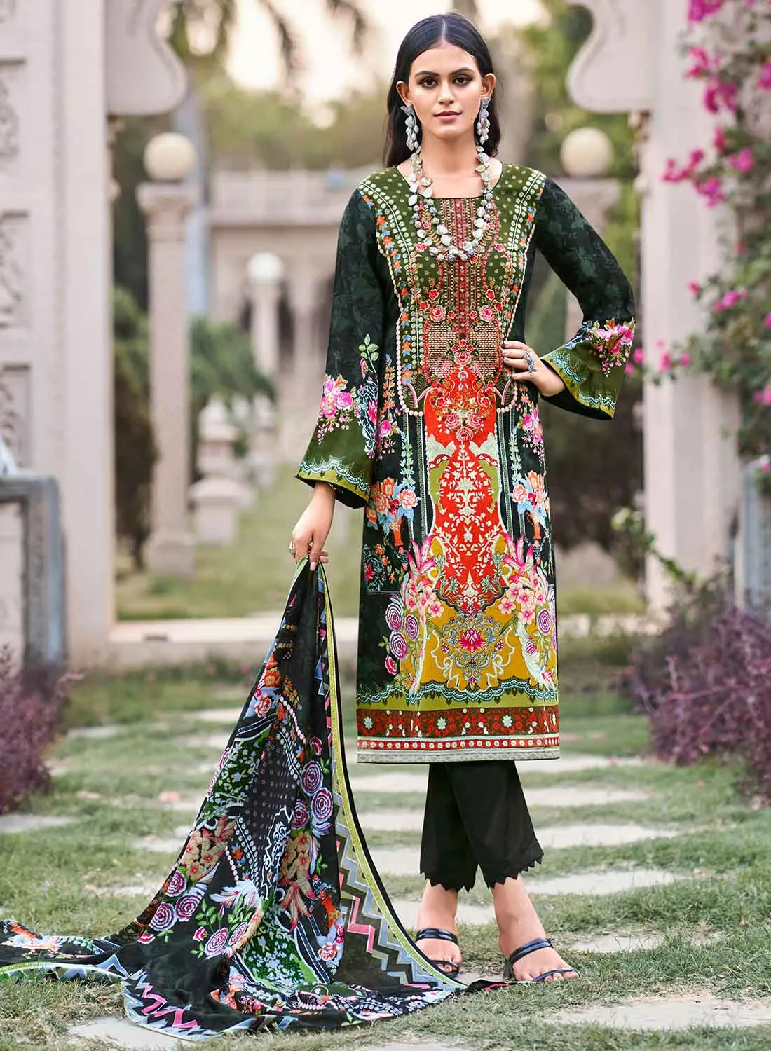 Green Pure Cambric Cotton Pakistani Print Unstitched Suit with Embroidery