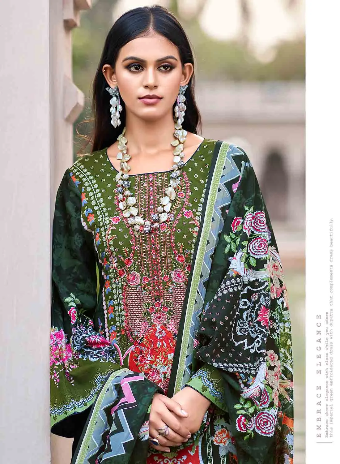 Green Pure Cambric Cotton Pakistani Print Unstitched Suit with Embroidery