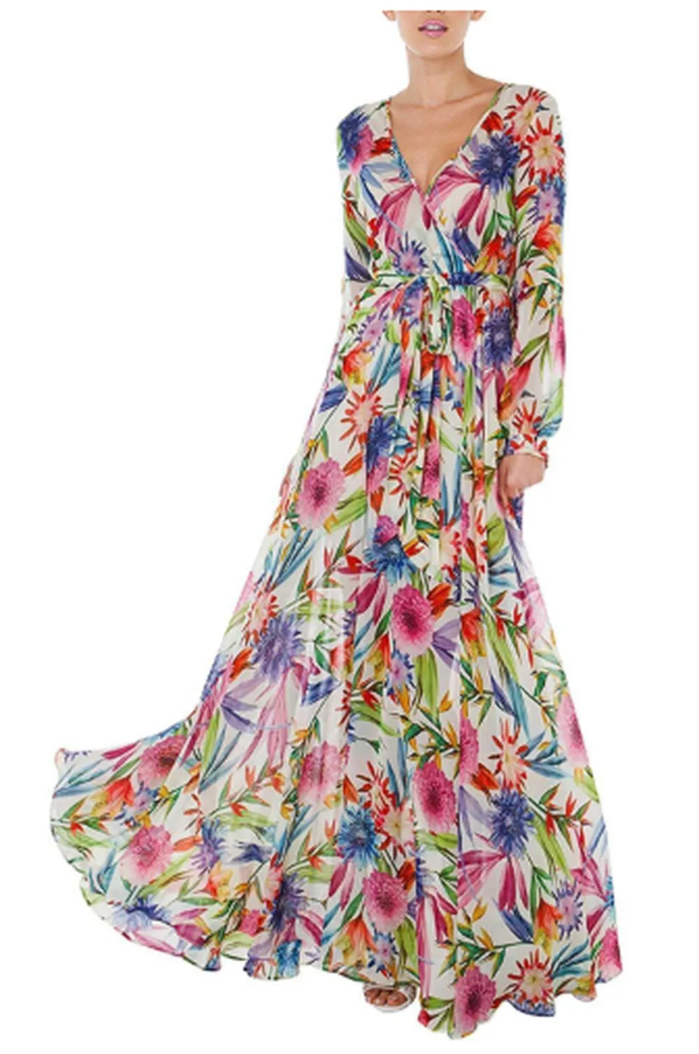 HaoDuoYi Womens Floral Print Wrap Flowy Pleated Wedding Maxi Dress