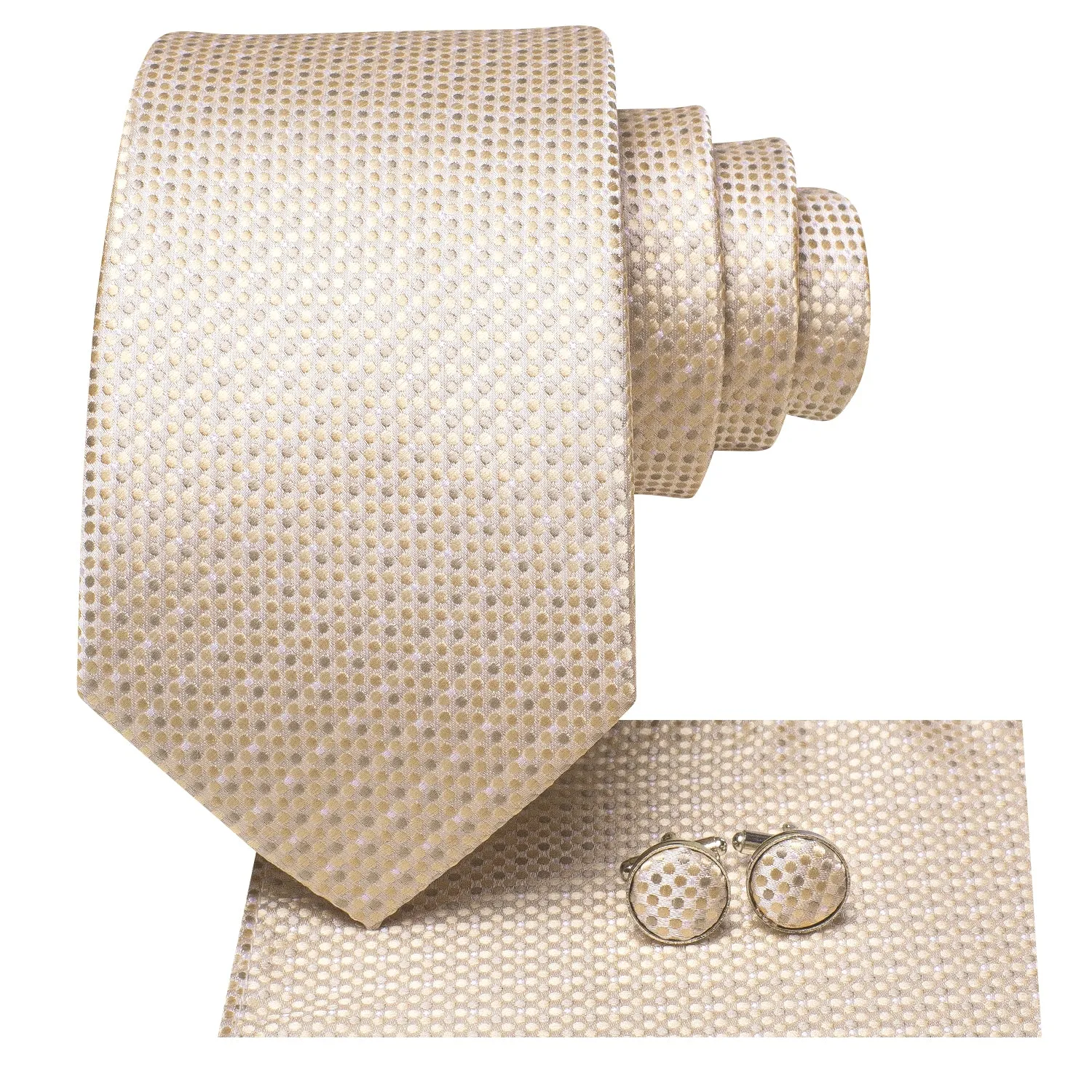 Hi-Tie Beige Dot 67 Inches Extra Long Tie Handkerchief Cufflinks Set