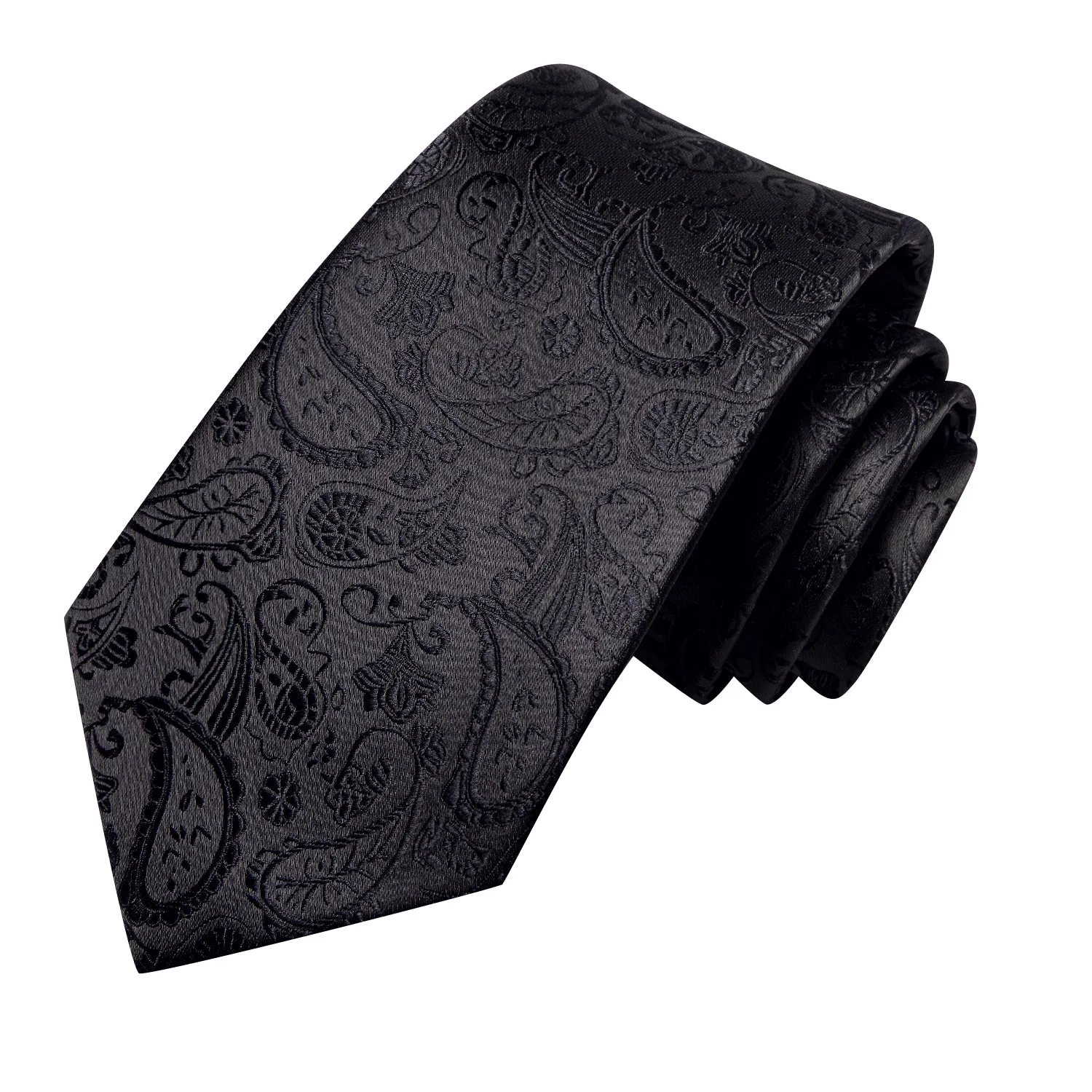 Hi-Tie Black Paisley 67 Inch Extra Long Tie Handkerchief Cufflinks Set