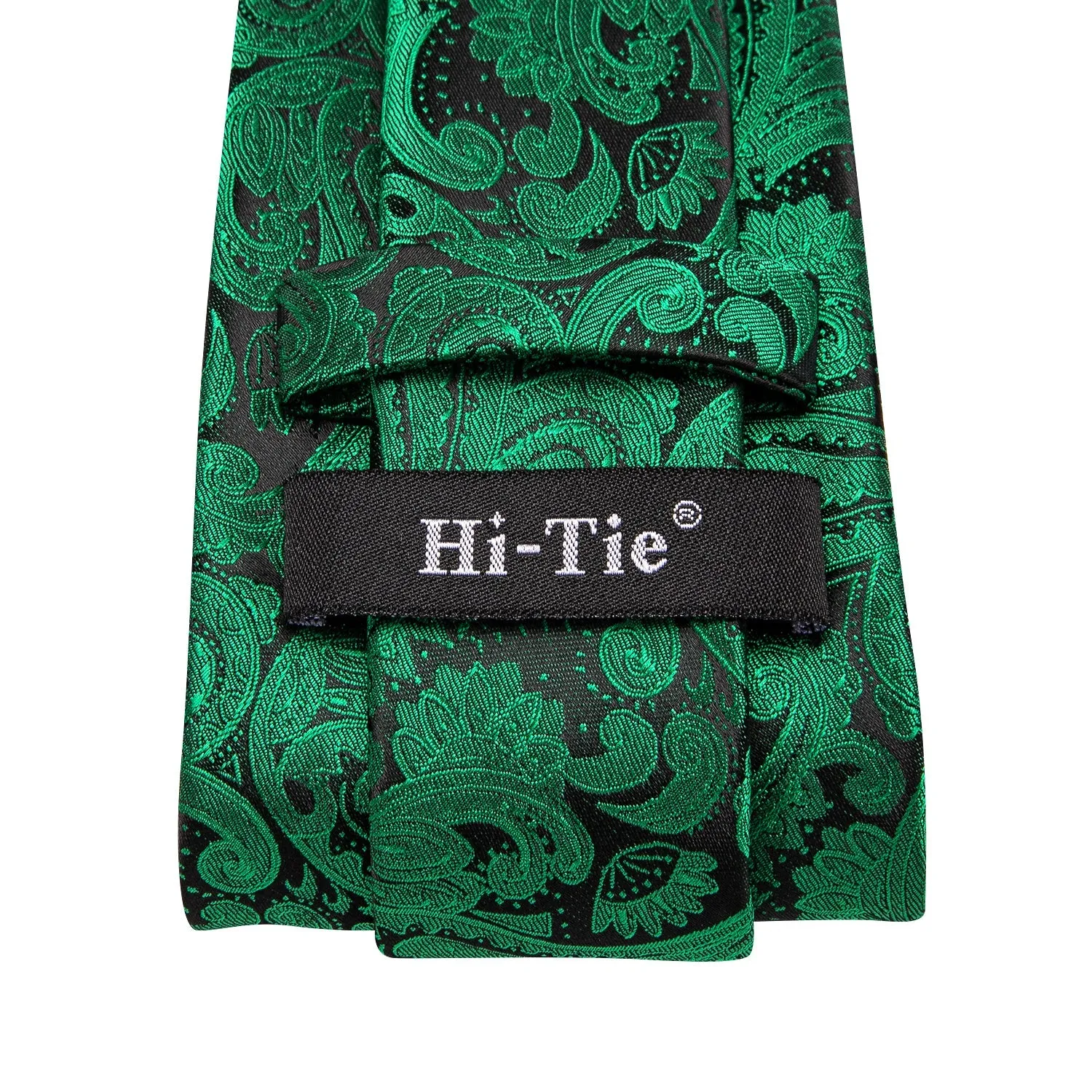 Hi-Tie Green Paisley 67 Inch Extra Long Tie Handkerchief Cufflinks Set