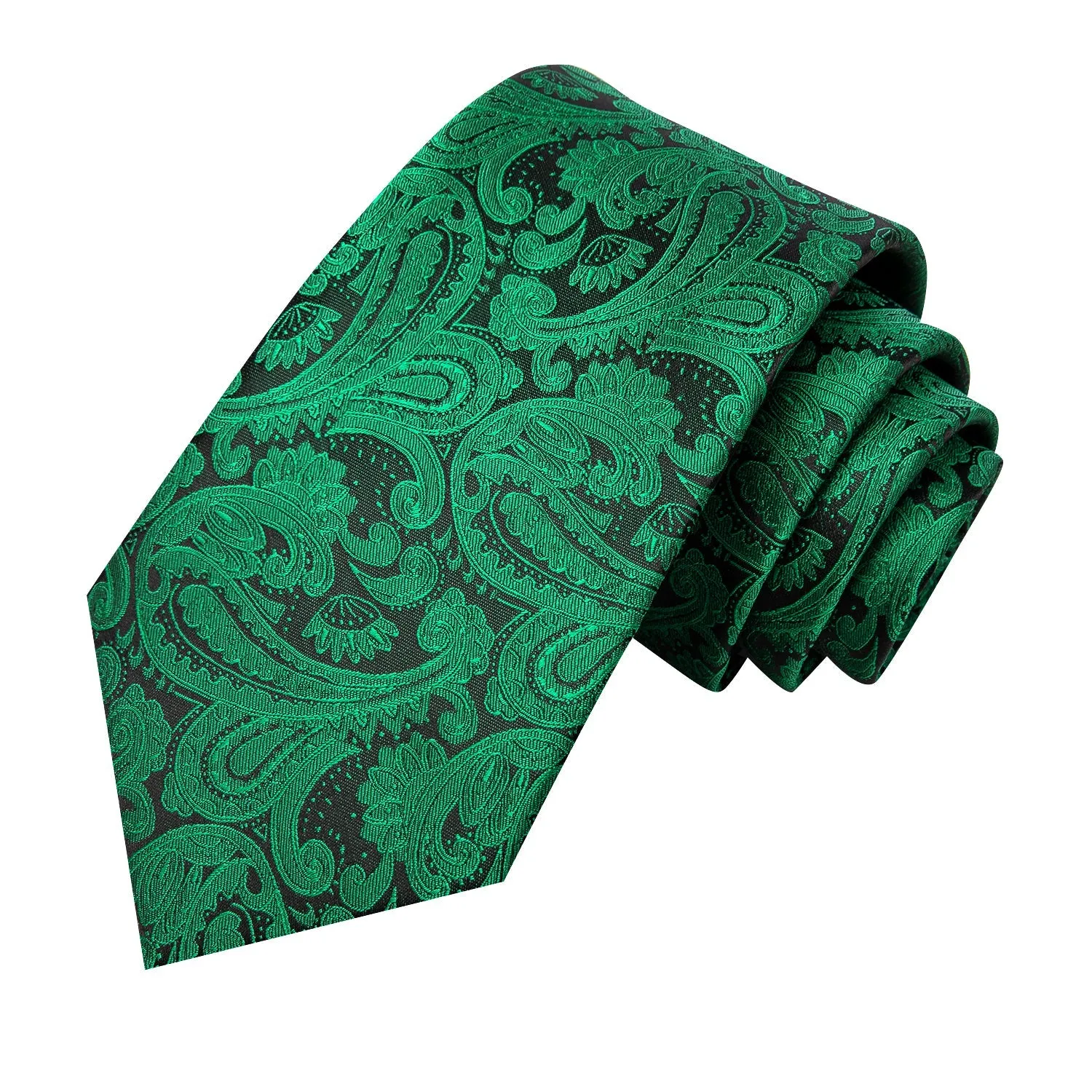 Hi-Tie Green Paisley 67 Inch Extra Long Tie Handkerchief Cufflinks Set