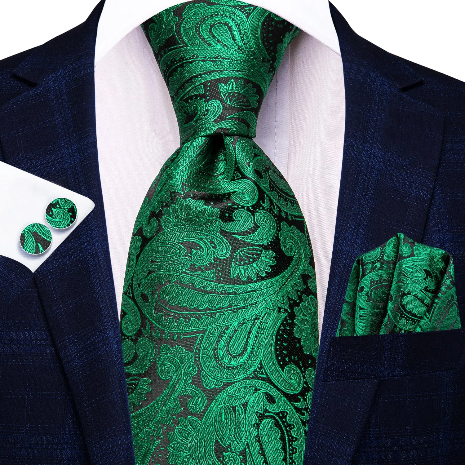 Hi-Tie Green Paisley 67 Inch Extra Long Tie Handkerchief Cufflinks Set