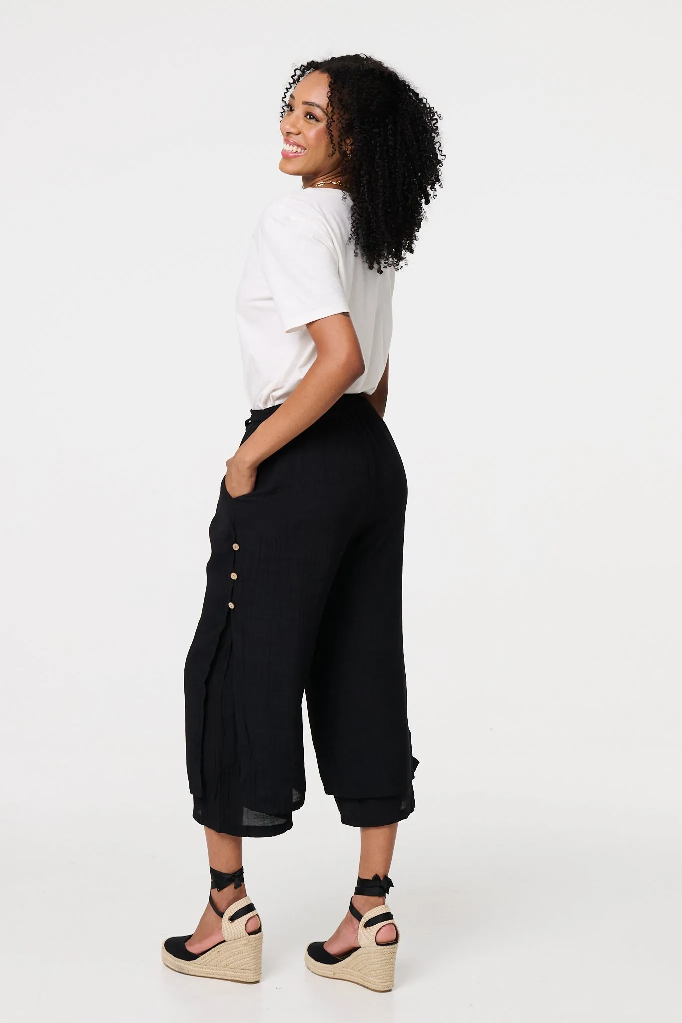 High Waist Layered Hem Cropped Trousers