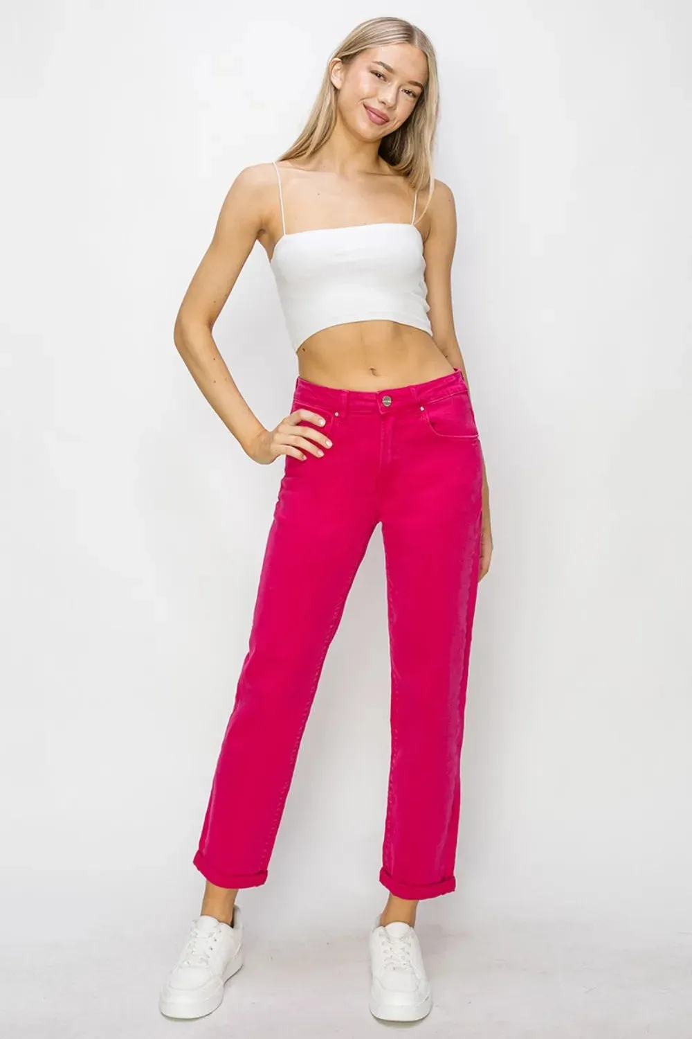 High Waist Rolled Hem Straight Jeans