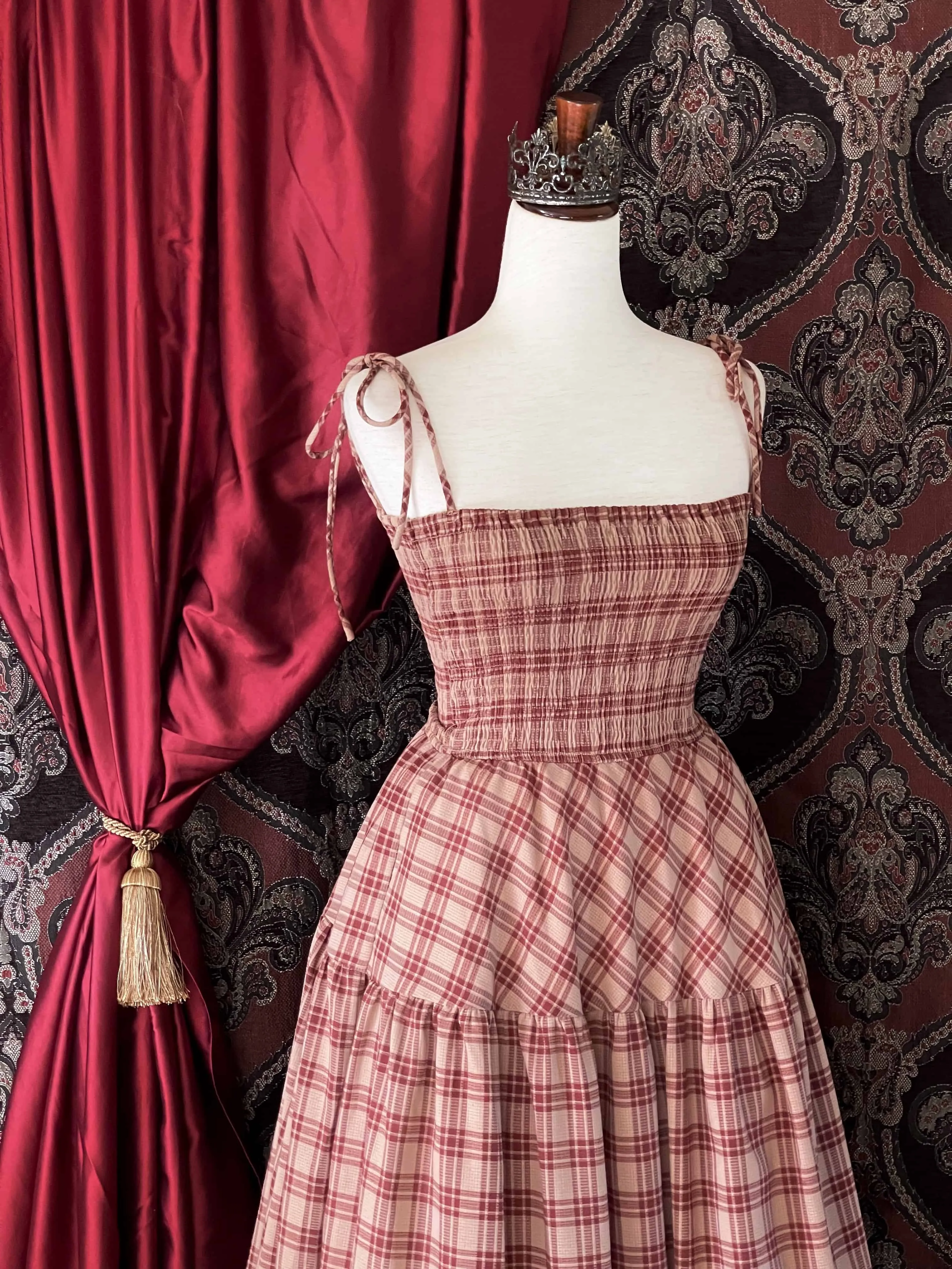 Historically Inspired Tartan Plaid Tiered Dress in Rust x Burgundy