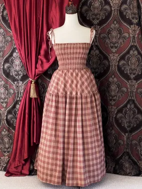 Historically Inspired Tartan Plaid Tiered Dress in Rust x Burgundy