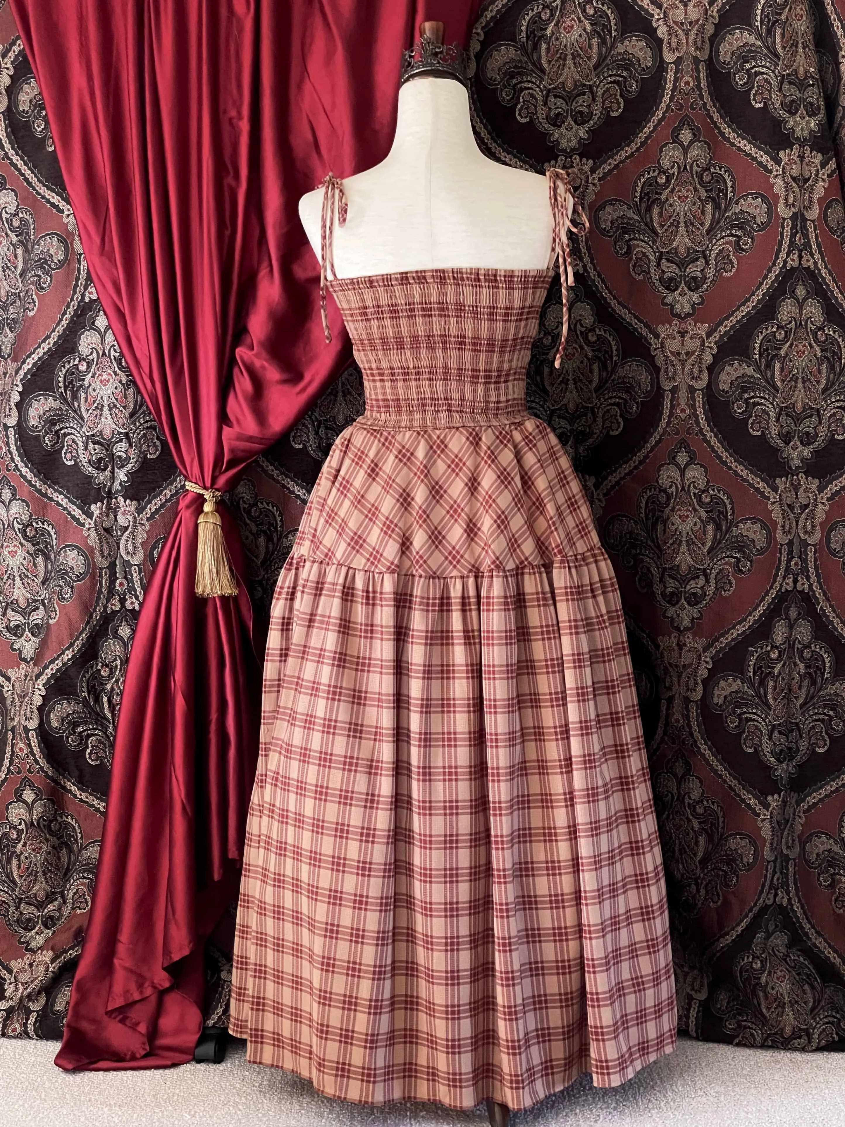 Historically Inspired Tartan Plaid Tiered Dress in Rust x Burgundy