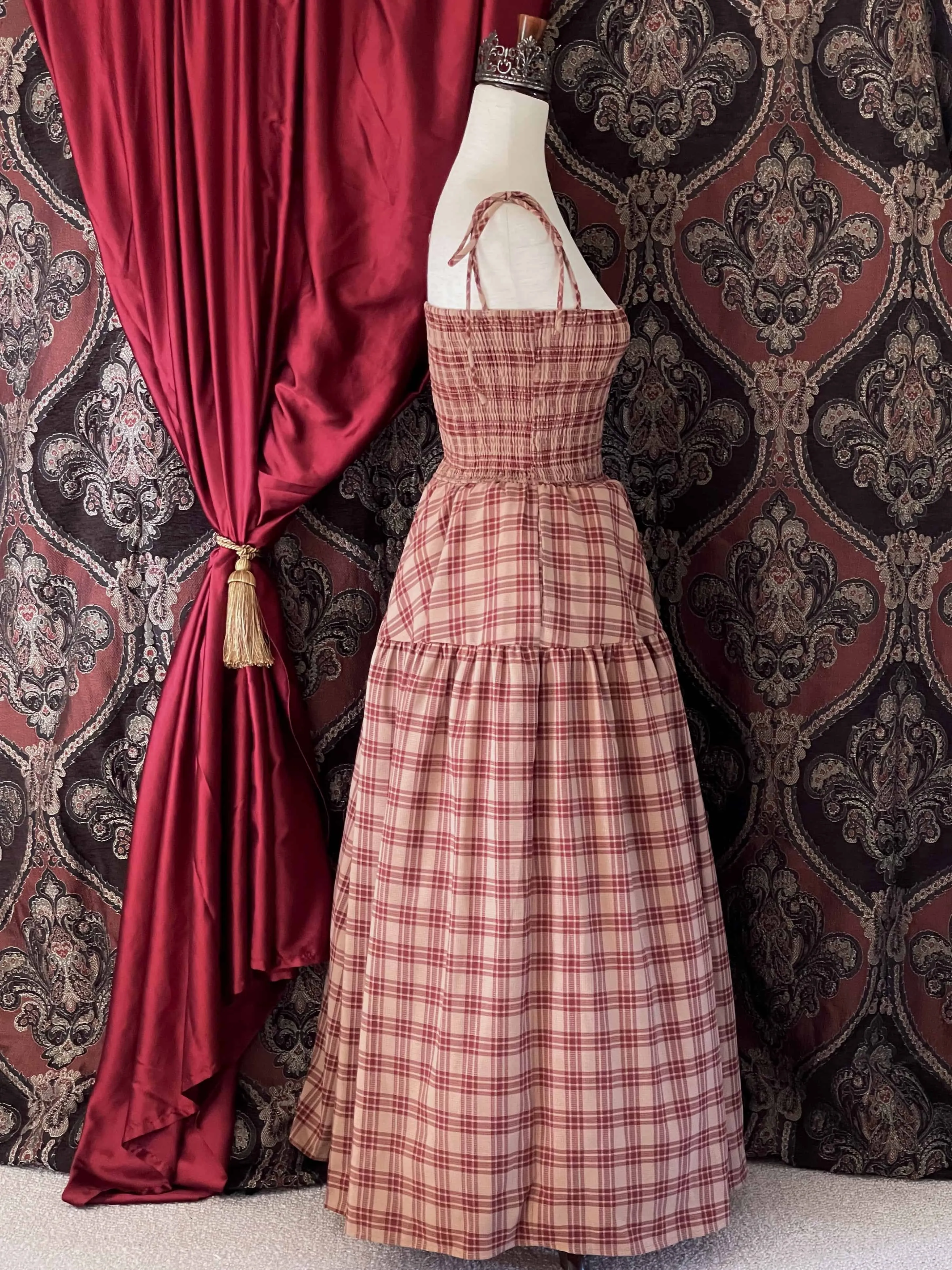 Historically Inspired Tartan Plaid Tiered Dress in Rust x Burgundy