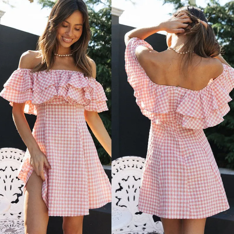 IKEARLAX Exclusive for Cross-Border European and American Women's Clothing New Plaid off-Shoulder Lotus Leaf Collar Show Fashion Dress