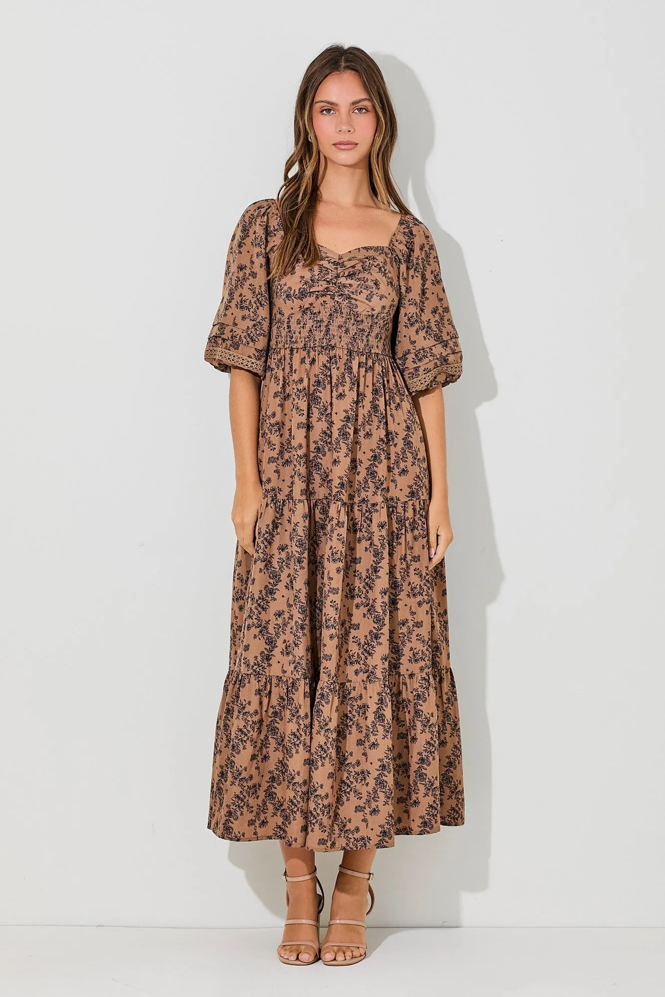 Ivanka Smocked Bubble Sleeve Maxi Dress