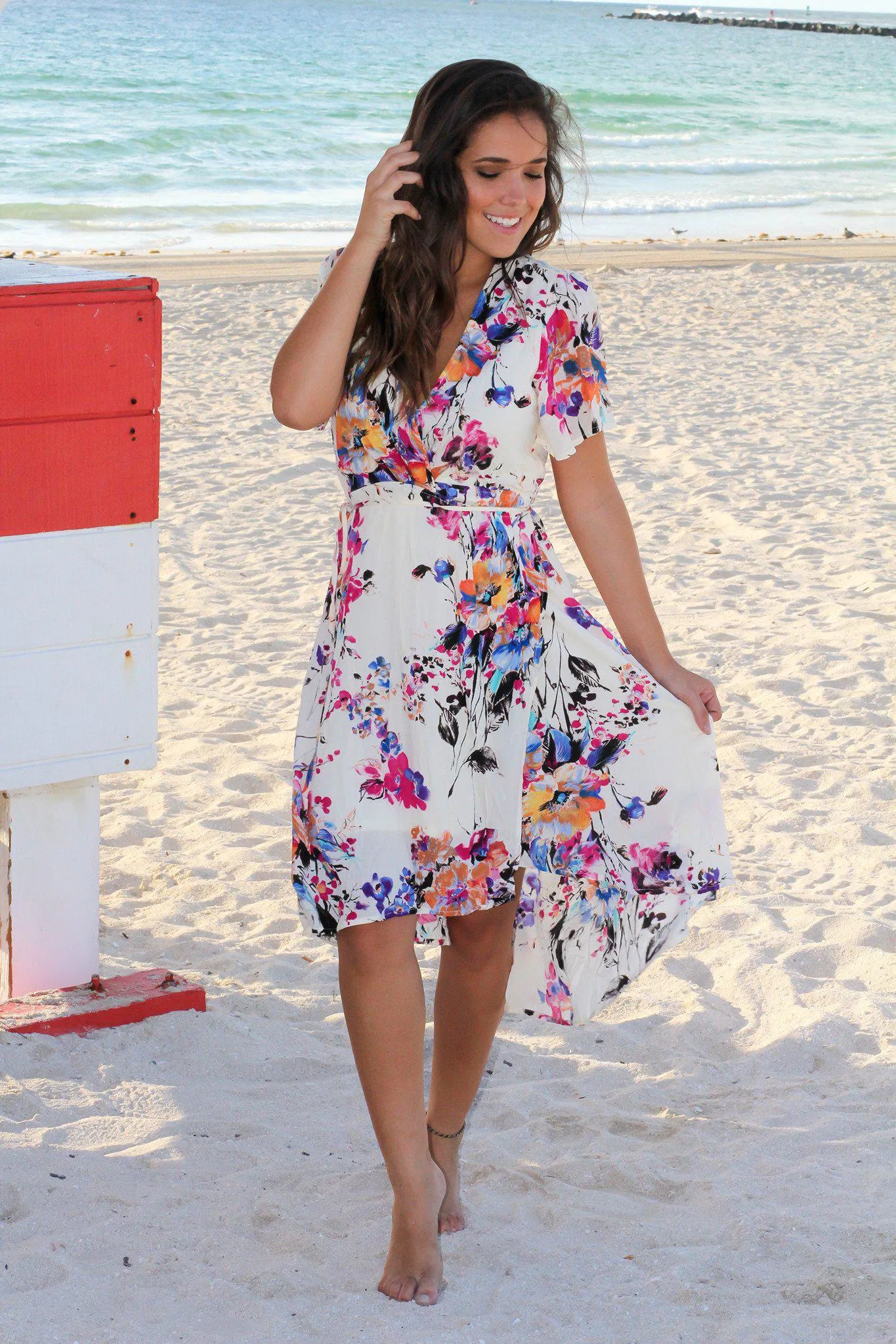 Ivory and Fuchsia Floral High Low Wrap Dress