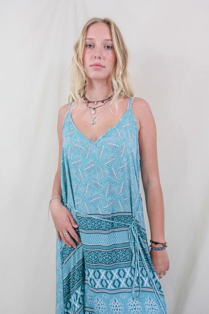 Jamie Dress - Indian Sari Slip - Beach Blue Ferns - Size M/L