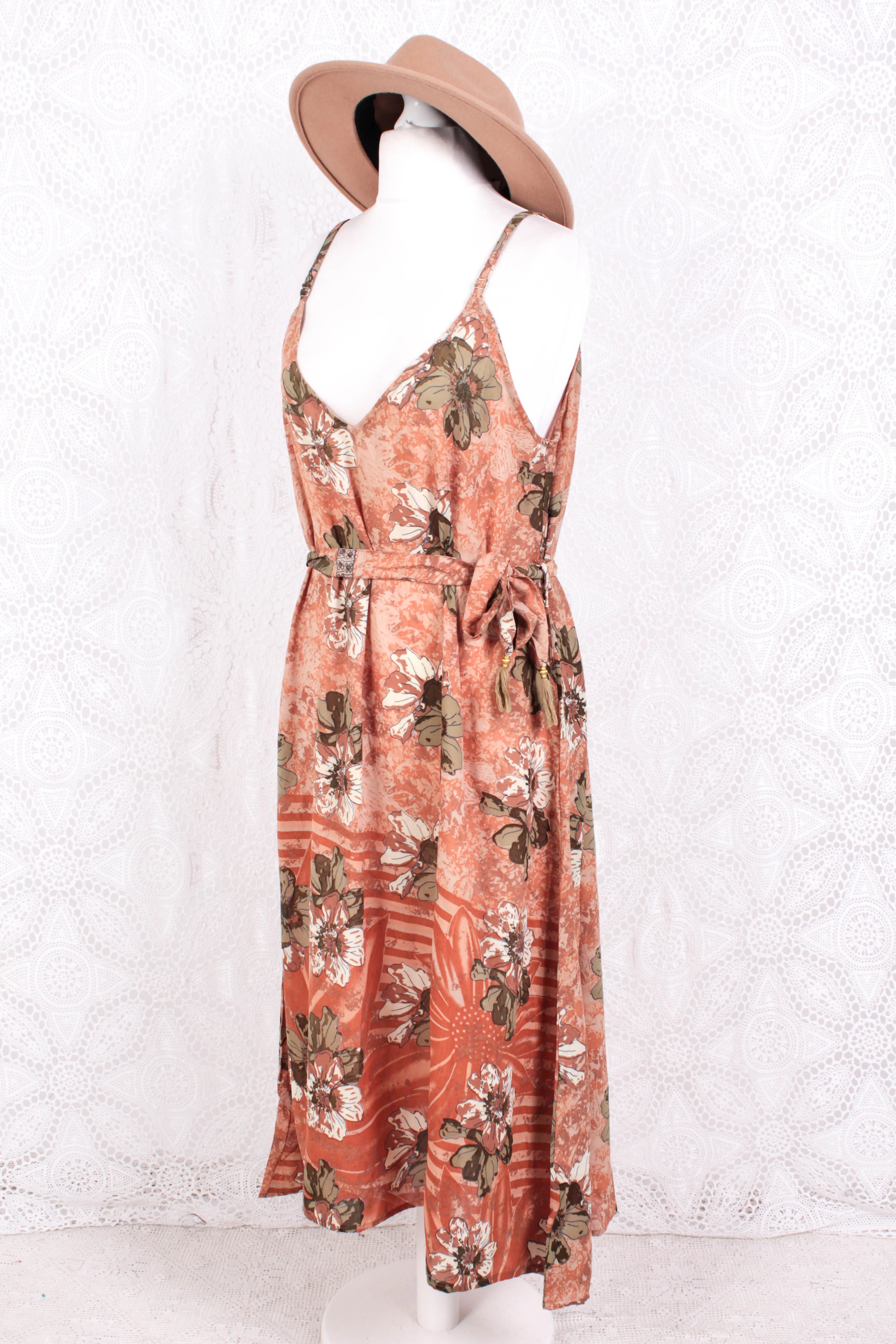 Jamie Dress - Indian Sari Slip Dress - Taupe, Tan & Burnt Orange Floral - Size M/L