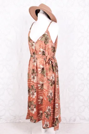 Jamie Dress - Indian Sari Slip Dress - Taupe, Tan & Burnt Orange Floral - Size M/L