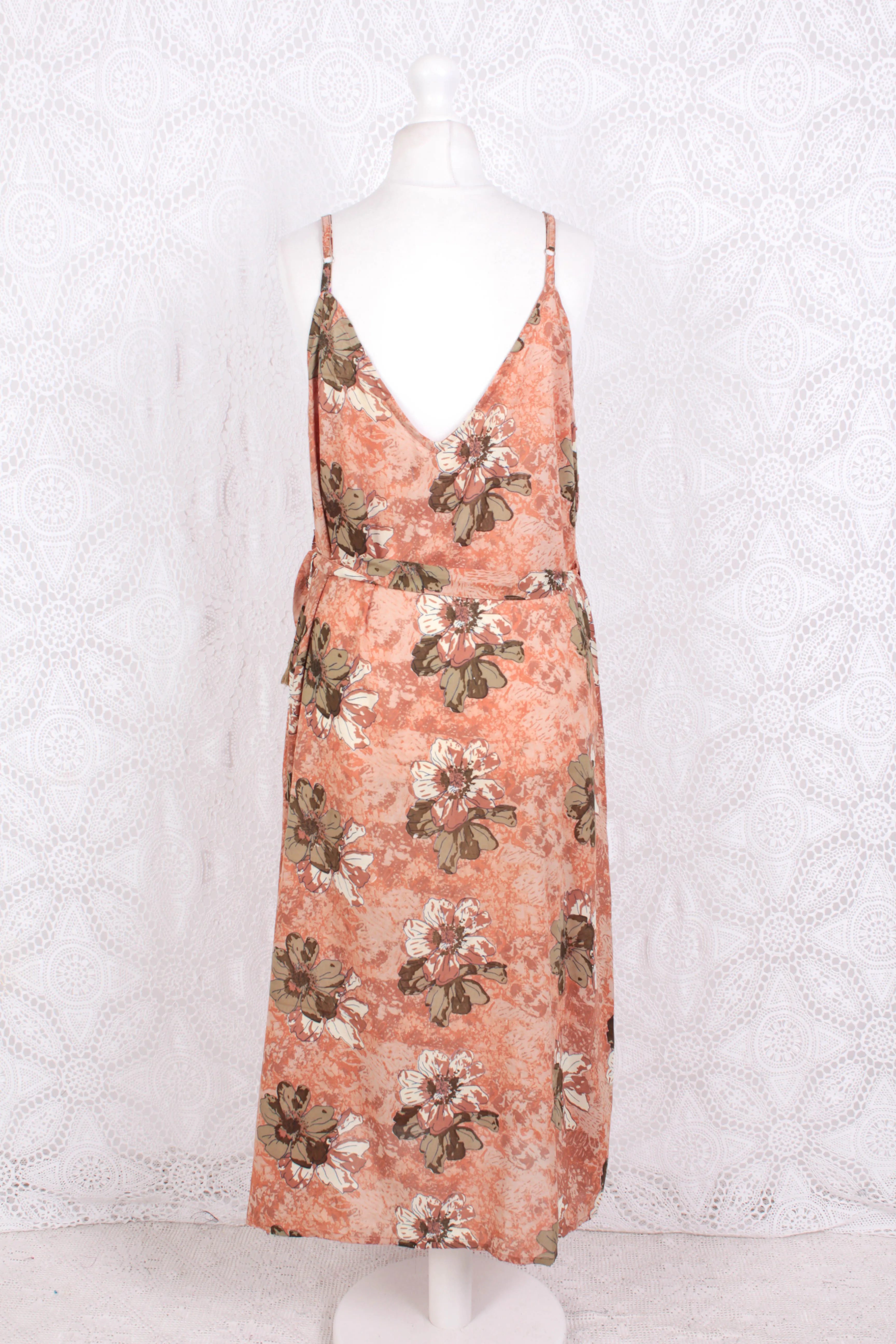 Jamie Dress - Indian Sari Slip Dress - Taupe, Tan & Burnt Orange Floral - Size M/L