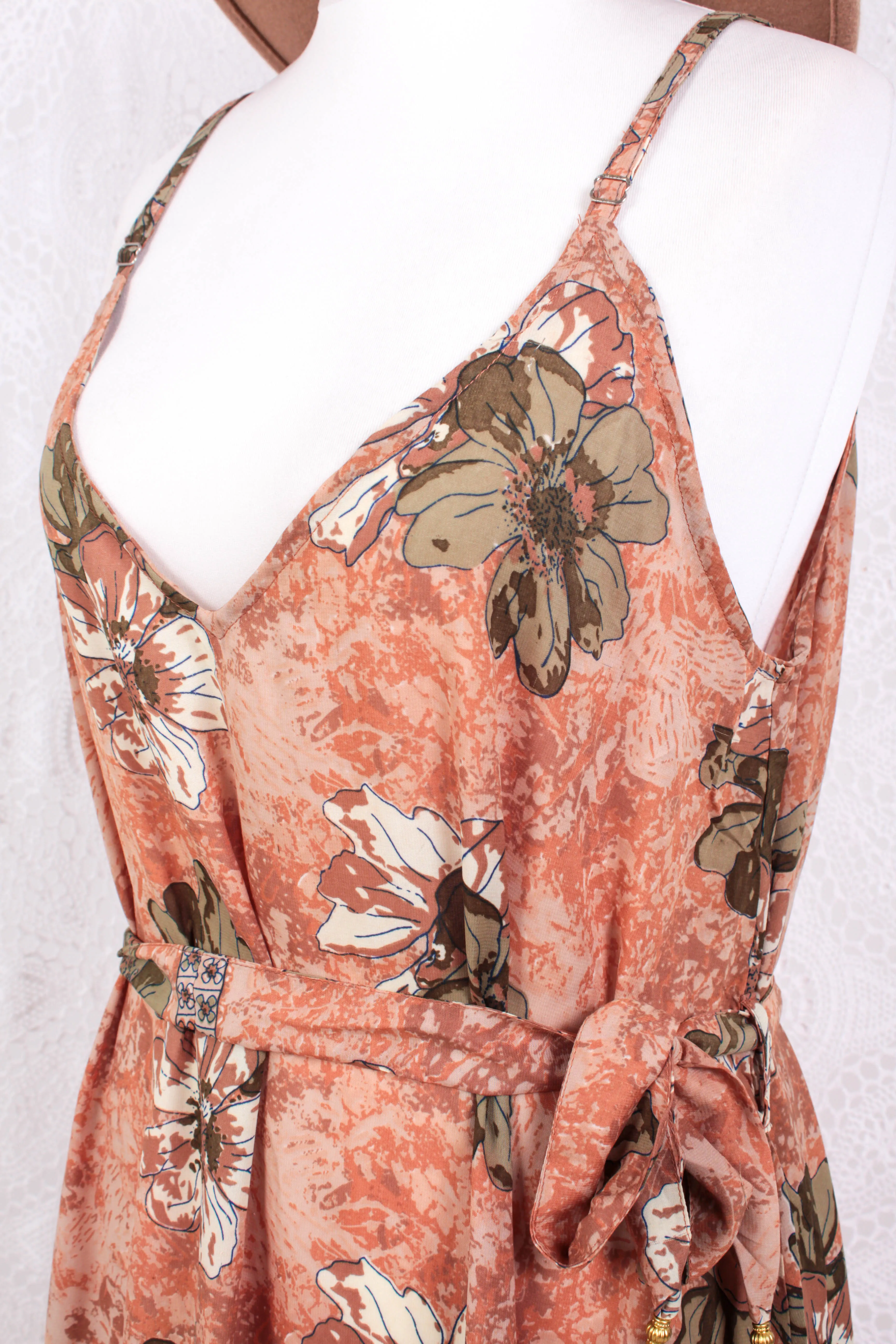 Jamie Dress - Indian Sari Slip Dress - Taupe, Tan & Burnt Orange Floral - Size M/L