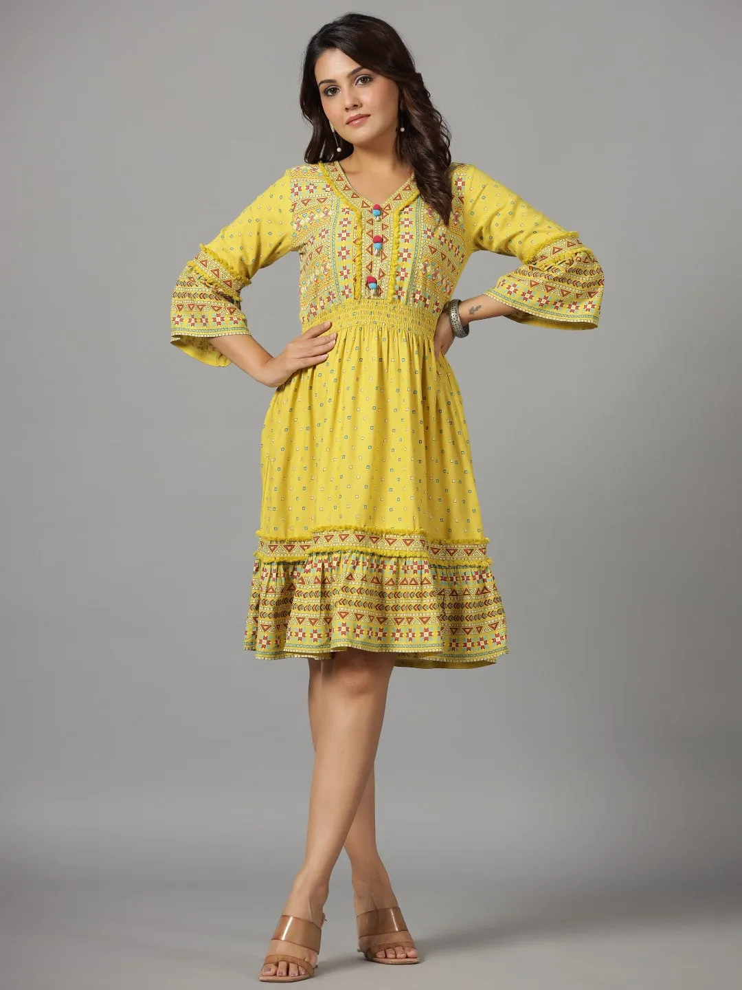 Jashvi Lime Green Geometric Printed Rayon Staple Dress With Lace work