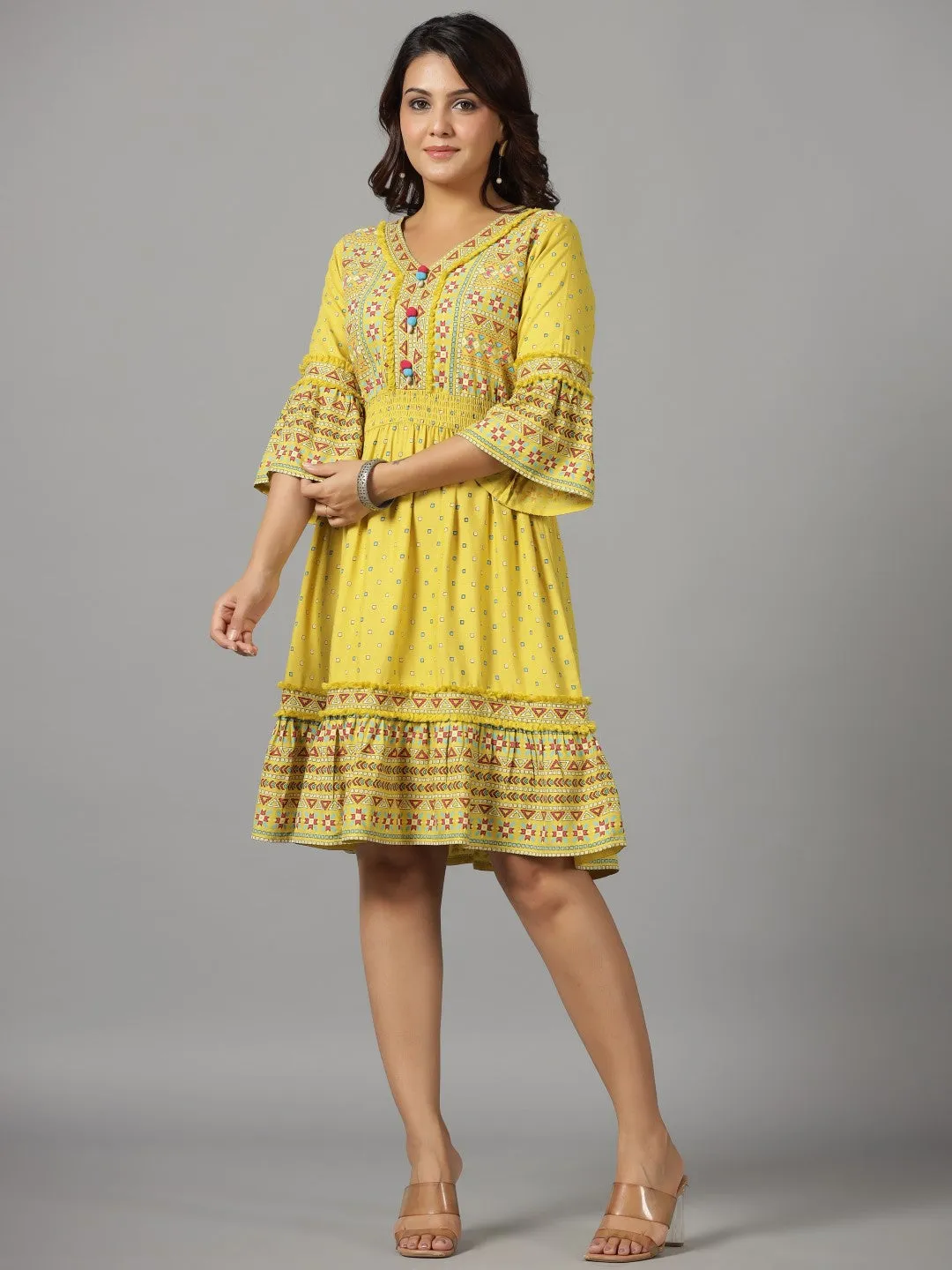 Jashvi Lime Green Geometric Printed Rayon Staple Dress With Lace work