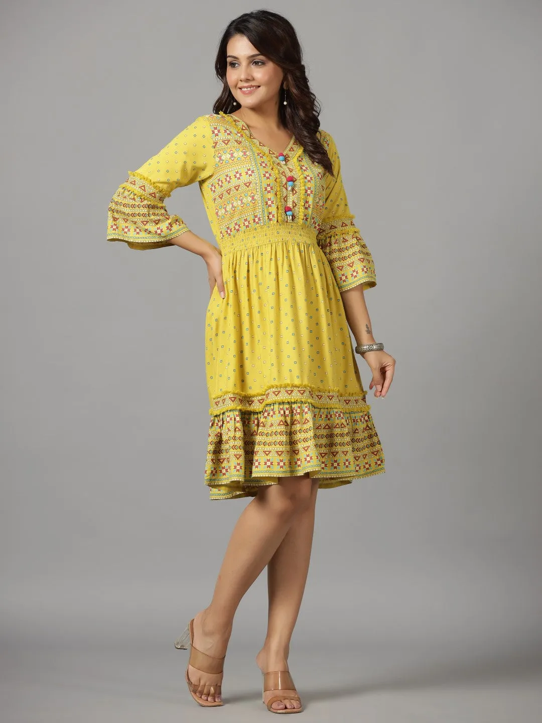 Jashvi Lime Green Geometric Printed Rayon Staple Dress With Lace work